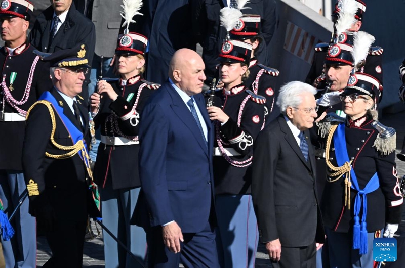Italian President Sergio Mattarella (R, front) attends a ceremony to mark Italy's Liberation Day at the Vittoriano Monument in Rome, Italy, on April 25, 2026. Italy marked the 81st anniversary of its liberation from fascism on Saturday. (Photo by Alberto Lingria/Xinhua)