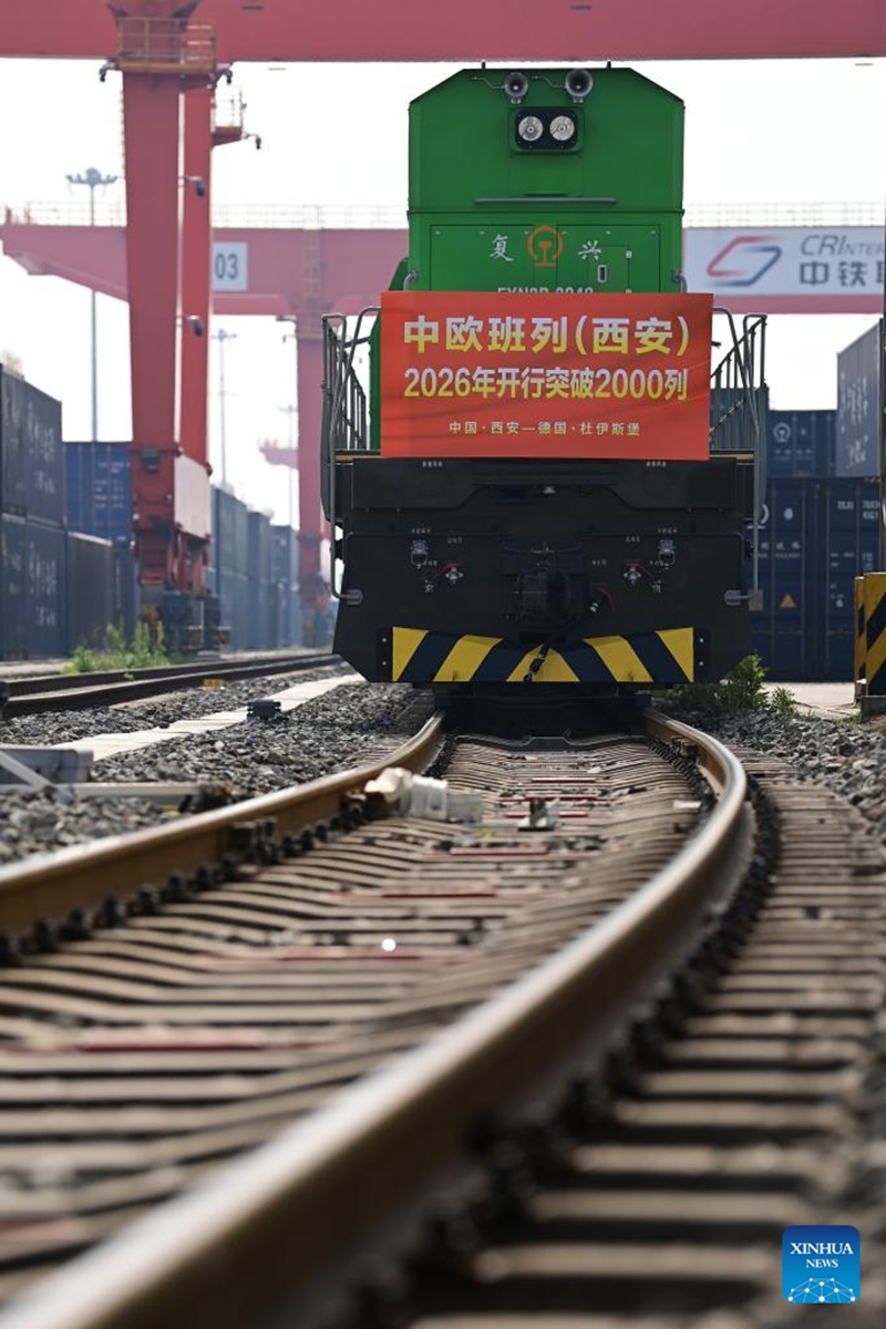 This photo taken on April 24, 2026 shows a China-Europe freight train departing from the Xi'an International Port Station in Xi'an, northwest China's Shaanxi Province. The Xi'an International Port Station has handled over 2,000 China-Europe freight train trips this year. The total freight volume transported has exceeded 2.1 million tonnes in this period. Photo: Xinhua