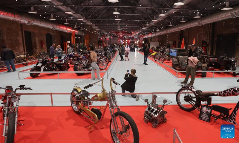People visit the St. Petersburg Motorcycle Exhibition in St. Petersburg, Russia, on April 24, 2026. (Photo by Irina Motina/Xinhua)