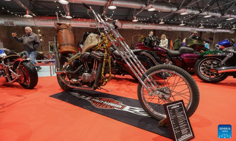 A motorcycle is displayed during the St. Petersburg Motorcycle Exhibition in St. Petersburg, Russia, on April 24, 2026. (Photo by Irina Motina/Xinhua)