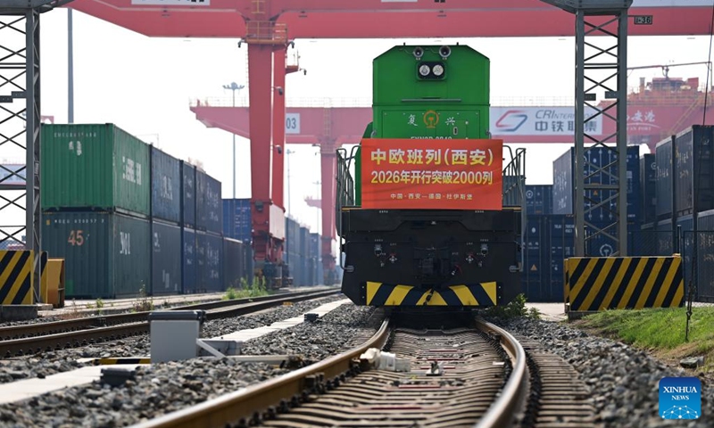 This photo taken on April 24, 2026 shows a China-Europe freight train departing from the Xi'an International Port Station in Xi'an, northwest China's Shaanxi Province. The Xi'an International Port Station has handled over 2,000 China-Europe freight train trips this year. The total freight volume transported has exceeded 2.1 million tonnes in this period. Photo: Xinhua