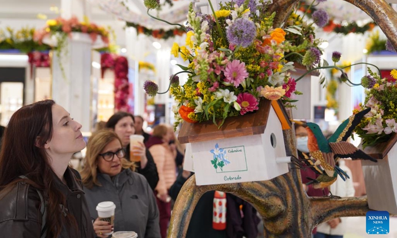 People visit the Macy's Flower Show in New York, the United States, on April 25, 2026. Featuring thousands of flowers and plants with scenic garden installations, the flower show is held here from April 23 to May 10. (Xinhua/Zhang Fengguo)