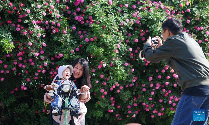 People take photos in front of flowers in Shijiazhuang, north China's Hebei Province, April 24, 2026. (Photo by Liang Zidong/Xinhua)