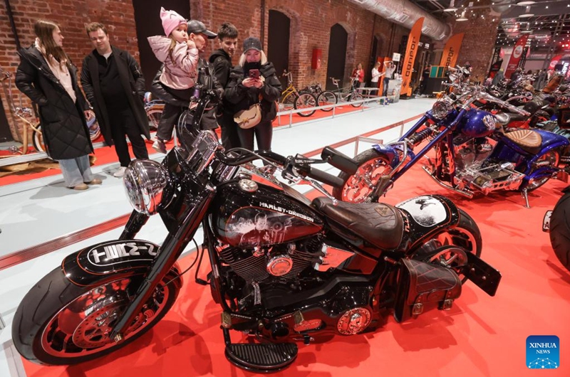 People visit the St. Petersburg Motorcycle Exhibition in St. Petersburg, Russia, on April 24, 2026. (Photo by Irina Motina/Xinhua)
