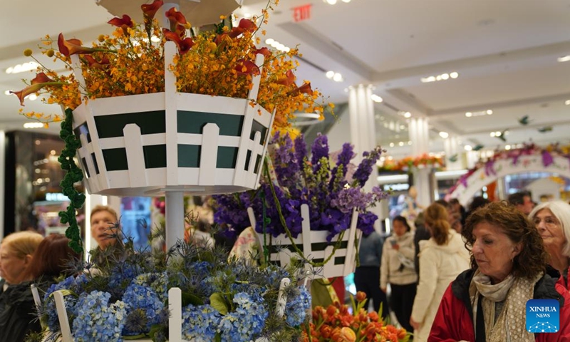 People visit the Macy's Flower Show in New York, the United States, on April 25, 2026. Featuring thousands of flowers and plants with scenic garden installations, the flower show is held here from April 23 to May 10. (Xinhua/Zhang Fengguo)