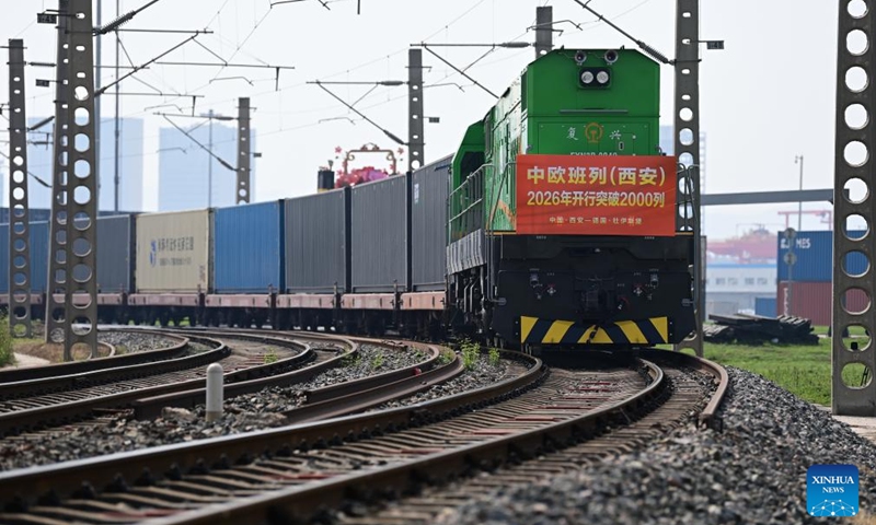 This photo taken on April 24, 2026 shows a China-Europe freight train departing from the Xi'an International Port Station in Xi'an, northwest China's Shaanxi Province. The Xi'an International Port Station has handled over 2,000 China-Europe freight train trips this year. The total freight volume transported has exceeded 2.1 million tonnes in this period. Photo: Xinhua