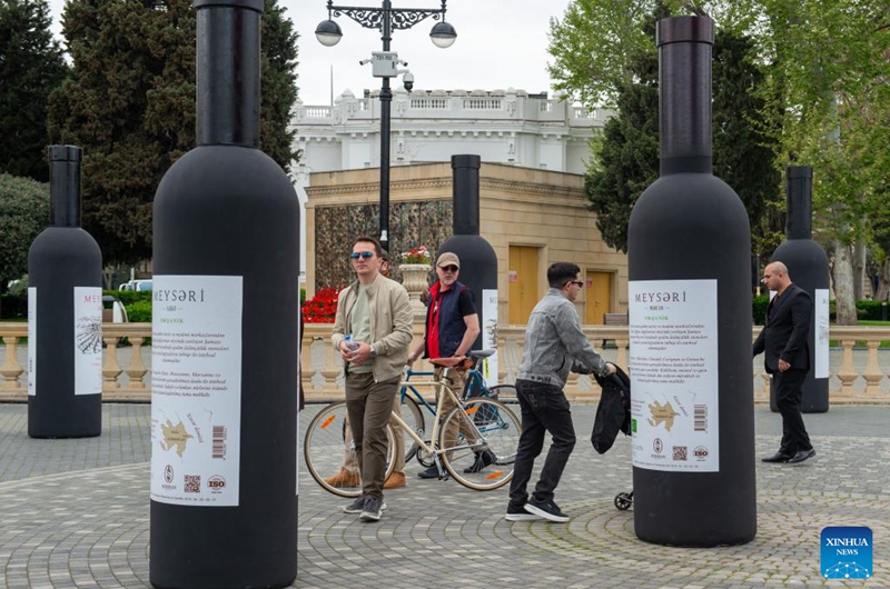 People attend the Jazz and Wine Festival at a seaside park in Baku, Azerbaijan, April 25, 2026. The ten-day event integrates Azerbaijan's indigenous wine-making traditions with musical art, bringing a relaxing and vibrant vibe to the city and drawing numerous locals and tourists for leisure and wine tasting. (Xinhua/Chen Junfeng)