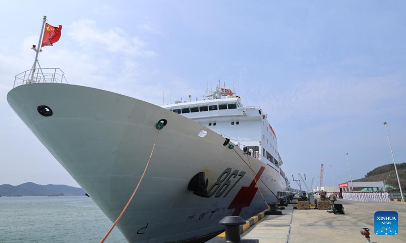 The Chinese People's Liberation Army (PLA) Navy hospital ship, Silk Road Ark, is docked at a military port in Sanya, south China's Hainan Province, April 26, 2026. (Photo by Cui Xiaoyang/Xinhua)