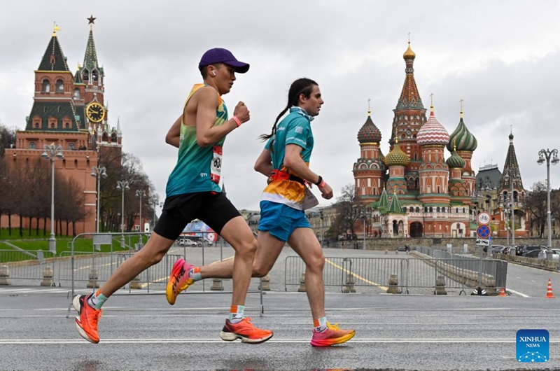 Runners compete during the Moscow Half Marathon in Moscow, Russia, on April 26, 2026. (Photo by Alexander Zemlianichenko Jr/Xinhua)
