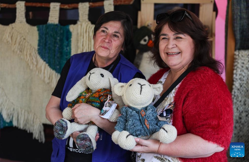 People pose for a photo with woolen toys at a wool festival in Santiago, Chile, April 25, 2026. (Xinhua/Zhou Jiayi)