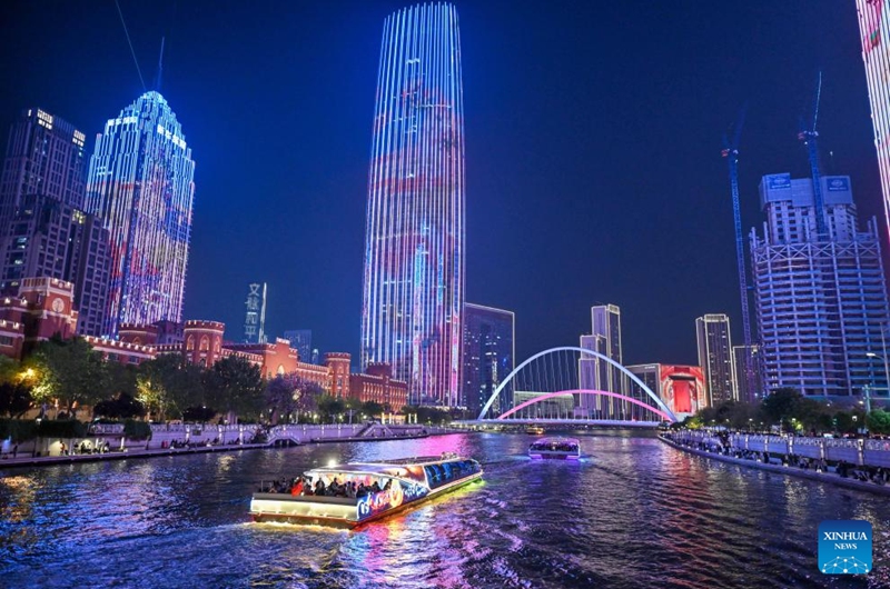 This photo shows a night view of Tianjin, north China, April 24, 2026. In recent years, Tianjin has become a popular tourist destination, as the city keeps enriching its nighttime experience by expanding tourism scenarios and diversifying business formats. (Xinhua/Sun Fanyue)