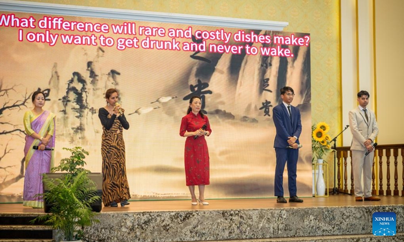 Chinese and Nepalese performers recite a Chinese poetry at a celebration for the 2026 International Chinese Language Day in Lalitpur, Nepal, on April 26, 2026. The Confucius Institute at Nepal's Tribhuvan University (TU) hosted a celebration on Sunday for the 2026 International Chinese Language Day. (Photo by Hari Maharjan/Xinhua)