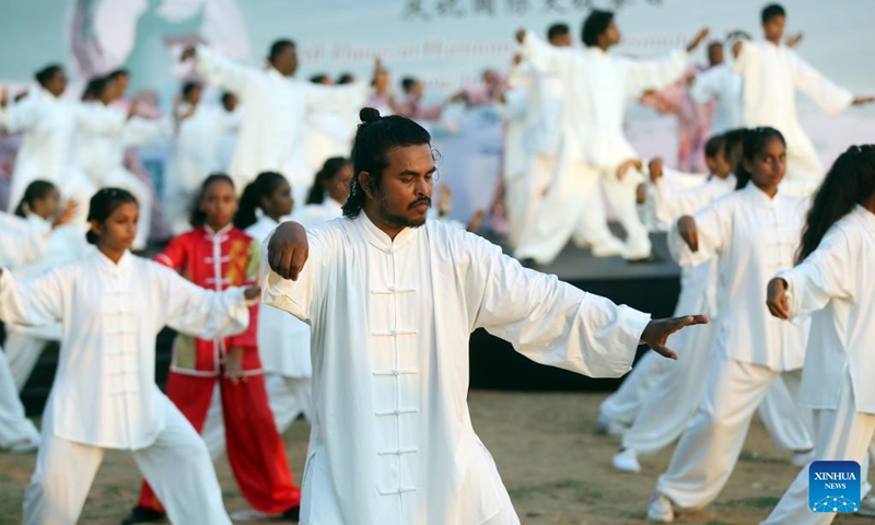 Local enthusiasts perform Taiji at the All Things in Harmony Taiji Promotion Event in Colombo, Sri Lanka, April 25, 2026. (Photo by Ajith Perera/Xinhua)