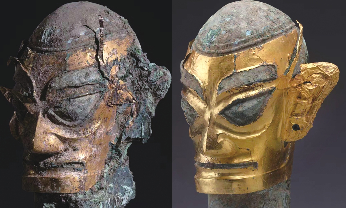 A bronze head with a gold mask before and after restoration Photo: Courtesy of Zhang Peichen