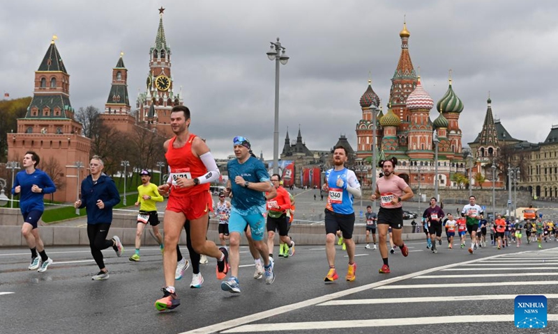 Runners compete during the Moscow Half Marathon in Moscow, Russia, on April 26, 2026. (Photo by Alexander Zemlianichenko Jr/Xinhua)