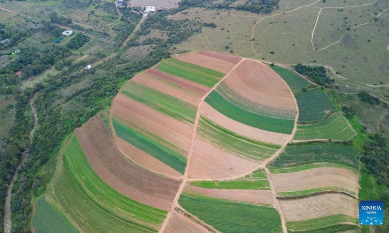 An aerial drone photo taken on April 25, 2026 shows farmlands in the suburb of Johannesburg, South Africa. (Xinhua/Chen Wei)