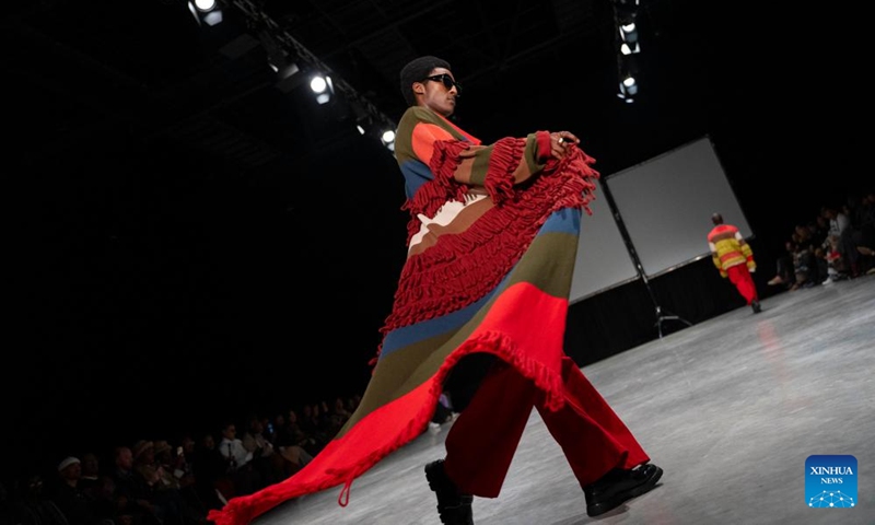 A model presents a creation during the South African Fashion Week in Johannesburg, South Africa, April 25, 2026. (Photo by Ihsaan Haffejee/Xinhua)