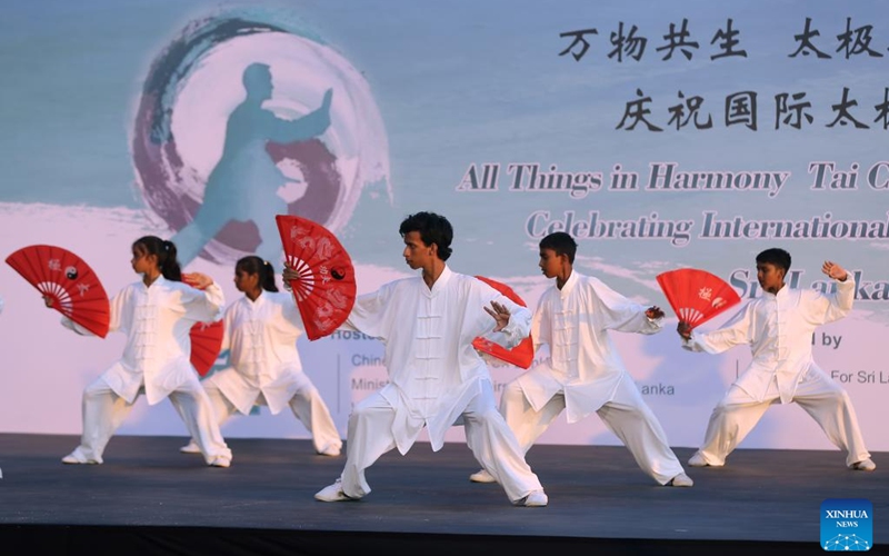 Local enthusiasts perform Taiji at the All Things in Harmony Taiji Promotion Event in Colombo, Sri Lanka, April 25, 2026. (Photo by Ajith Perera/Xinhua)