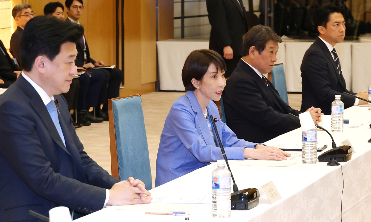 Japanese Prime Minister Sanae TAKAICHI (center) attends the first meeting of the Expert Panel on Security and Comprehensive National Power at the Prime Minister's Office in Tokyo, Japan, on April 27, 2026. Photo: VCG