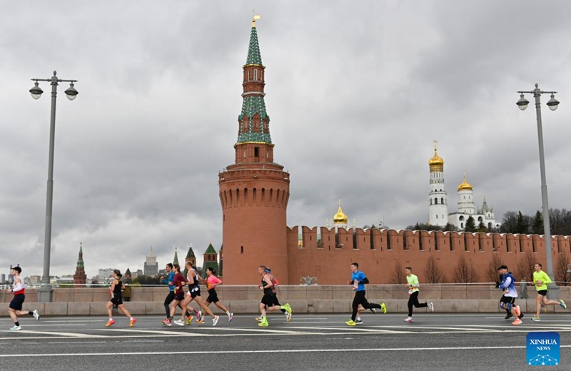 Runners compete during the Moscow Half Marathon in Moscow, Russia, on April 26, 2026. (Photo by Alexander Zemlianichenko Jr/Xinhua)