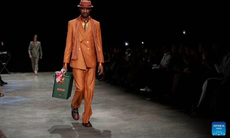 A model presents a creation during the South African Fashion Week in Johannesburg, South Africa, April 25, 2026. (Photo by Ihsaan Haffejee/Xinhua)