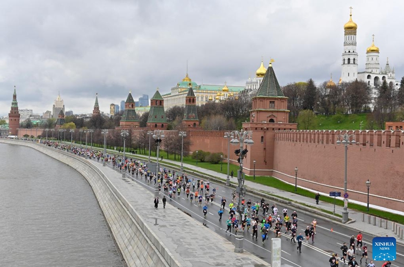 Runners compete during the Moscow Half Marathon in Moscow, Russia, on April 26, 2026. (Photo by Alexander Zemlianichenko Jr/Xinhua)