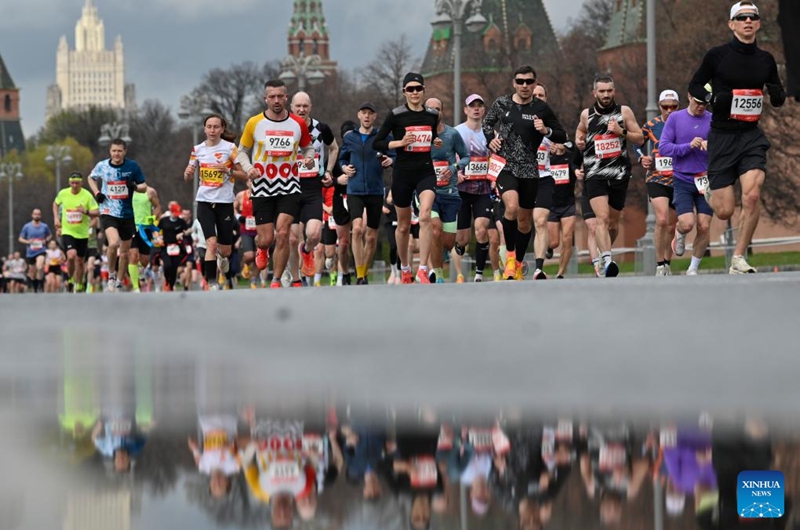 Runners compete during the Moscow Half Marathon in Moscow, Russia, on April 26, 2026. (Photo by Alexander Zemlianichenko Jr/Xinhua)