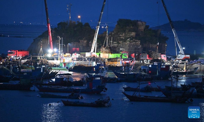 A drone photo taken on April 25, 2026 shows fishermen transferring kelp at a dock in Xiahu Town of Xiapu County, Ningde City, southeast China's Fujian Province.


