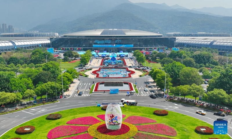 An aerial drone photo taken on April 28, 2026 shows Fuzhou Strait International Conference & Exhibition Center, Fuzhou, southeast China's Fujian Province. The AI market kicked off here ahead of the 9th Digital China Summit, which will convene in Fuzhou from April 29 to 30. (Xinhua/Lin Shanchuan)

