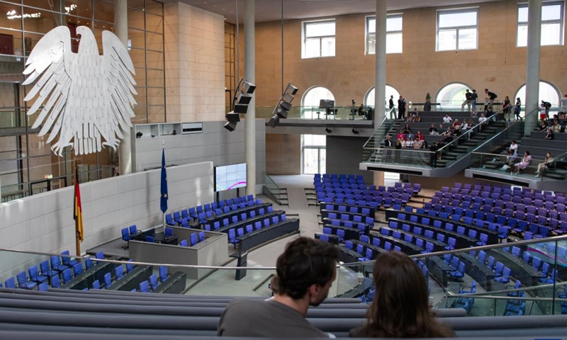 People visit the Reichstag building in Berlin, Germany, May 3, 2026. About 11,700 guests visited the Reichstag building during its open day event on Sunday. (Xinhua/Zhang Haofu)
