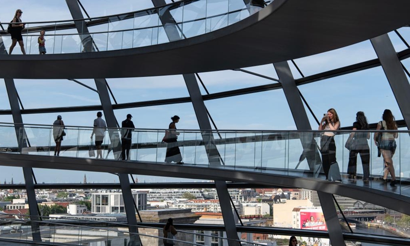 People visit the dome of the Reichstag building in Berlin, Germany, May 3, 2026. About 11,700 guests visited the Reichstag building during its open day event on Sunday. (Xinhua/Zhang Haofu)