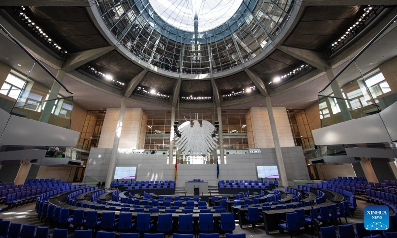 This photo taken on May 3, 2026 shows an interior view of the Reichstag building in Berlin, Germany, May 3, 2026. About 11,700 guests visited the Reichstag building during its open day event on Sunday. (Xinhua/Zhang Haofu)