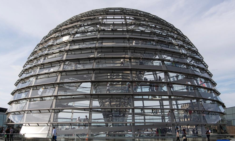 People visit the dome of the Reichstag building in Berlin, Germany, May 3, 2026. About 11,700 guests visited the Reichstag building during its open day event on Sunday. (Xinhua/Zhang Haofu)