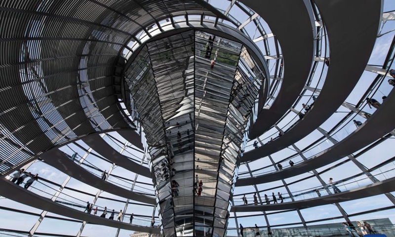 People visit the dome of the Reichstag building in Berlin, Germany, May 3, 2026. About 11,700 guests visited the Reichstag building during its open day event on Sunday. (Xinhua/Zhang Haofu)