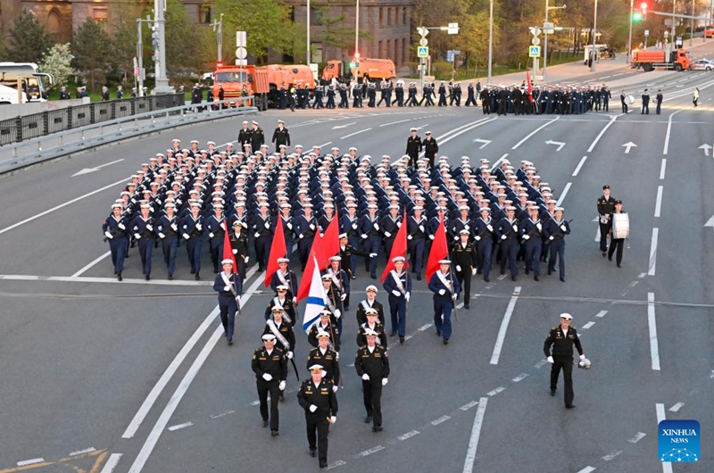 Russian soldiers march during a rehearsal of the Victory Day military parade in Moscow, Russia, May 4, 2026. (Photo by Alexander Zemlianichenko Jr/Xinhua)