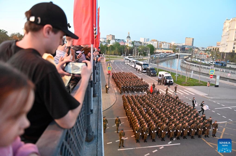 Russian soldiers march during a rehearsal of the Victory Day military parade in Moscow, Russia, May 4, 2026. (Photo by Alexander Zemlianichenko Jr/Xinhua)