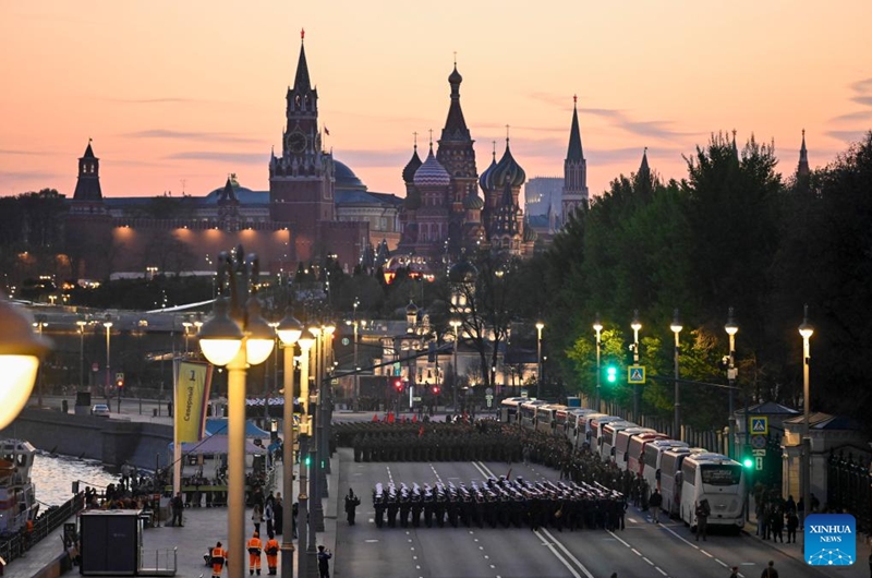 Russian soldiers march during a rehearsal of the Victory Day military parade in Moscow, Russia, May 4, 2026. (Photo by Alexander Zemlianichenko Jr/Xinhua)