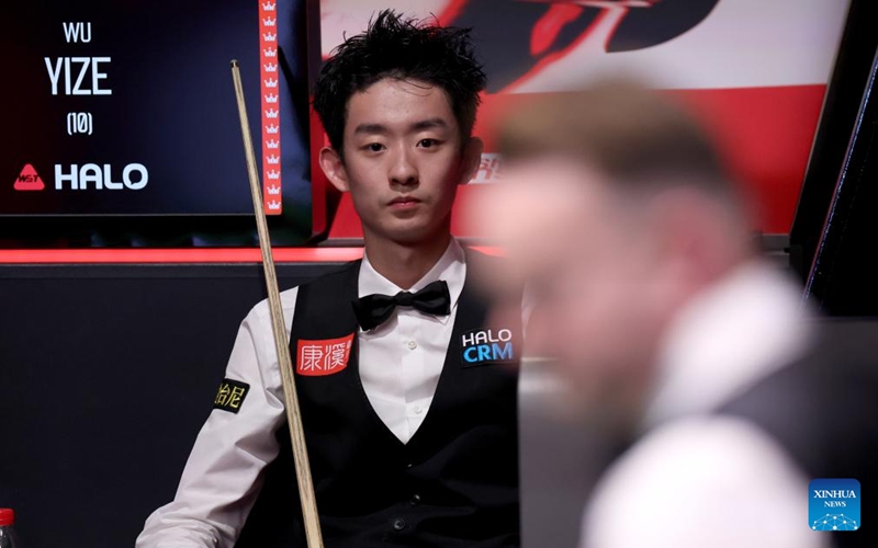 Wu Yize of China reacts during the final match between Shaun Murphy of England and Wu Yize of China at the World Snooker Championship 2026 in Sheffield, Britain, May 4, 2026. (Xinhua/Li Ying)