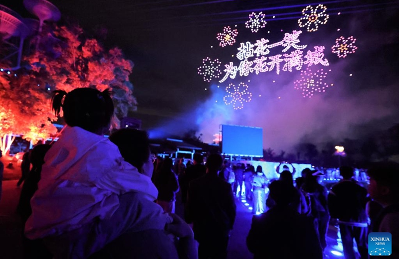 People enjoy a drone light show in Wuxi, east China's Jiangsu Province, May 3, 2026. People across China stepped out to fully enjoy their leisure time during the ongoing May Day holiday. (Xinhua/Liu Zhenrui)