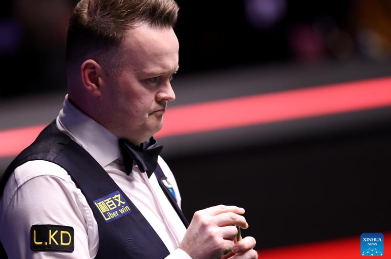 Shaun Murphy of England reacts during the final match between Shaun Murphy of England and Wu Yize of China at the World Snooker Championship 2026 in Sheffield, Britain, May 4, 2026. (Xinhua/Li Ying)