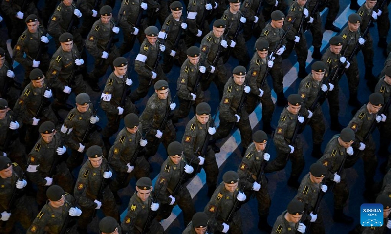 Russian soldiers march during a rehearsal of the Victory Day military parade in Moscow, Russia, May 4, 2026. (Photo by Alexander Zemlianichenko Jr/Xinhua)