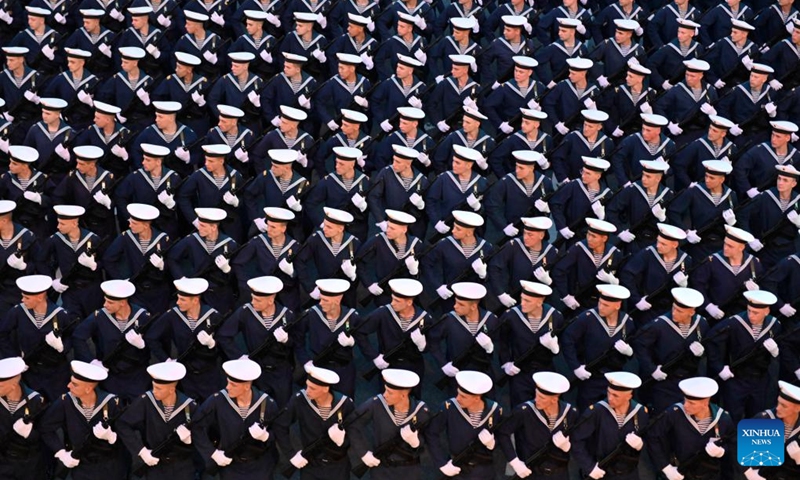 Russian soldiers march during a rehearsal of the Victory Day military parade in Moscow, Russia, May 4, 2026. (Photo by Alexander Zemlianichenko Jr/Xinhua)