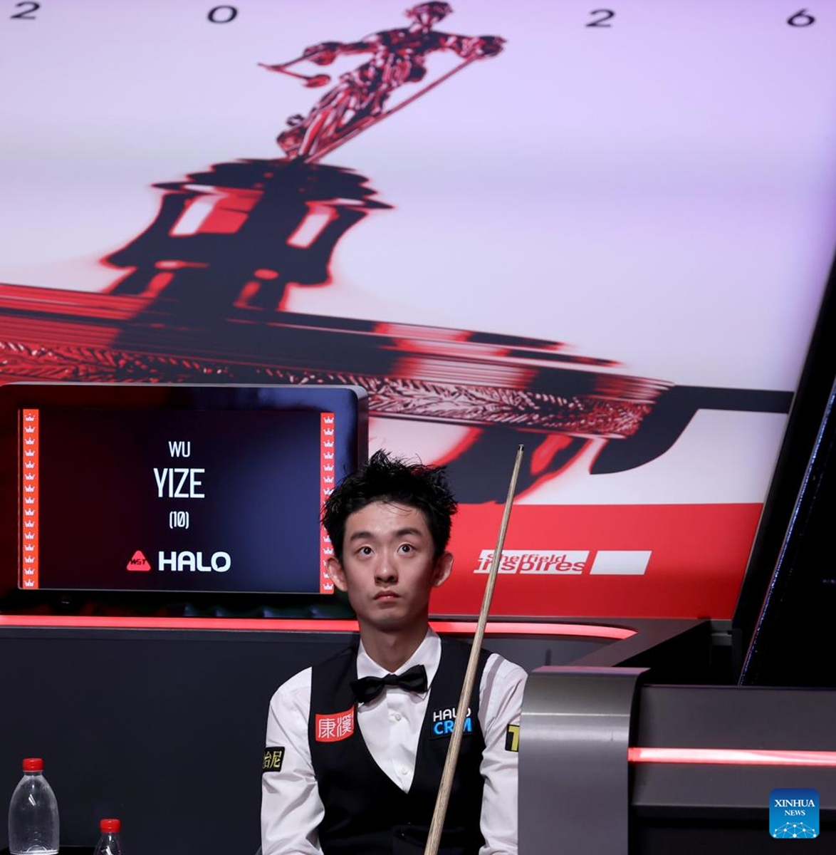 Wu Yize of China reacts during the final match between Shaun Murphy of England and Wu Yize of China at the World Snooker Championship 2026 in Sheffield, Britain, May 4, 2026. (Xinhua/Li Ying)