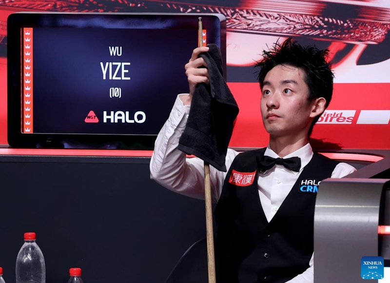 Wu Yize of China reacts during the final match between Shaun Murphy of England and Wu Yize of China at the World Snooker Championship 2026 in Sheffield, Britain, May 4, 2026. (Xinhua/Li Ying)