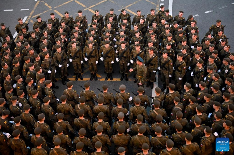 Russian soldiers are seen during a rehearsal of the Victory Day military parade in Moscow, Russia, May 4, 2026. (Photo by Alexander Zemlianichenko Jr/Xinhua)