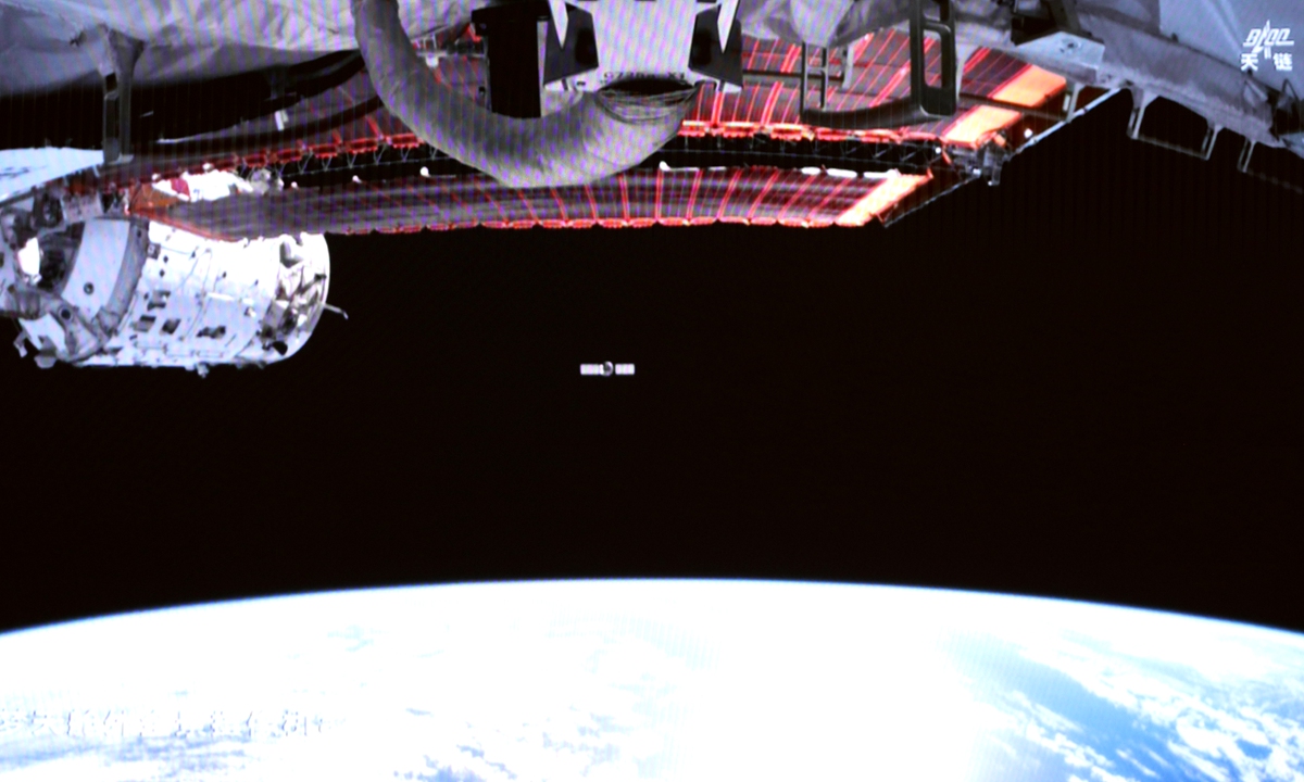 This image captured at the Beijing Aerospace Control Center on May 6, 2026 shows China's Tianzhou-9 cargo craft undocking from the station combination. The Tianzhou-9 cargo craft, tasked with carrying supplies for China's space station, will re-enter the atmosphere in a controlled manner at an appropriate time, the China Manned Space Agency said. Photo: CNS Photo 