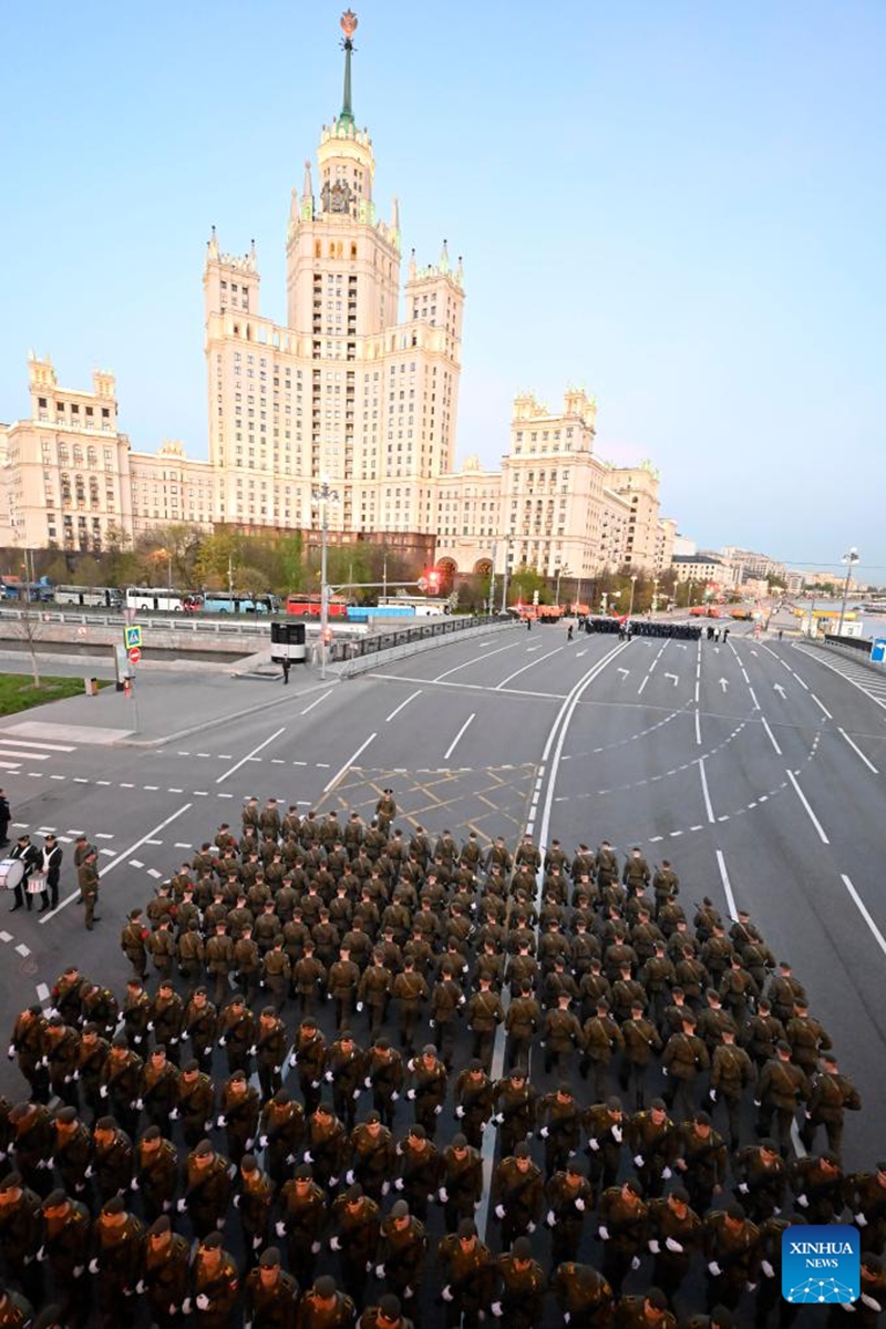Russian soldiers march during a rehearsal of the Victory Day military parade in Moscow, Russia, May 4, 2026. (Photo by Alexander Zemlianichenko Jr/Xinhua)