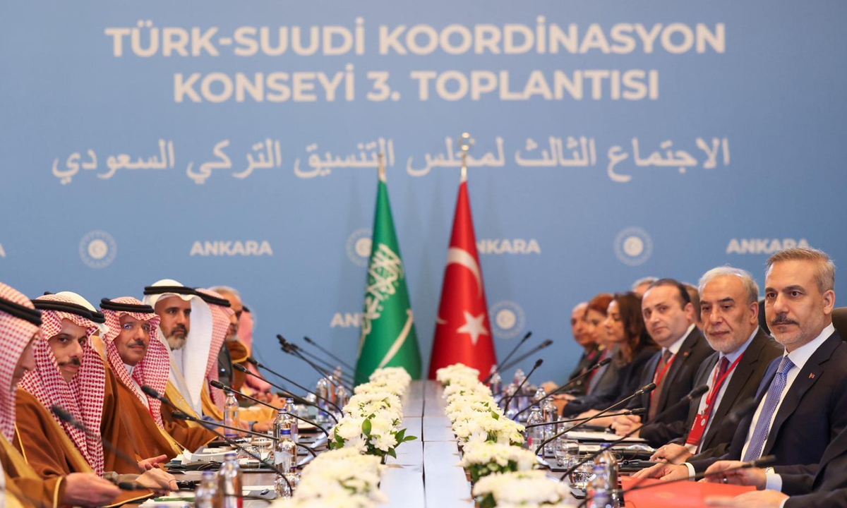 Turkish Foreign Minister Hakan Fidan meets with the Saudi Foreign Minister Faisal bin Farhan Al Saud during the third Turkish-Saudi Coordination Council Meeting on May 6, 2026, in Ankara, Turkey. Ankara's efforts to end the Iran conflict are set to be stressed at the meeting. Photo: VCG