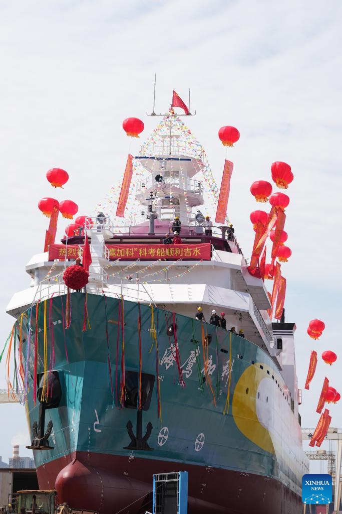 This photo taken on May 5, 2026 shows China's first privately funded scientific research vessel, R/V Haiying Surveyor, in Wenling, east China's Zhejiang Province. R/V Haiying Surveyor was launched here on Tuesday. The vessel has a total length of 82 meters, a designed full load displacement of 3,500 tonnes, and a cruising range of 10,000 nautical miles. The vessel's backers are 37 fishermen from Wenling. (Photo: Xinhua)