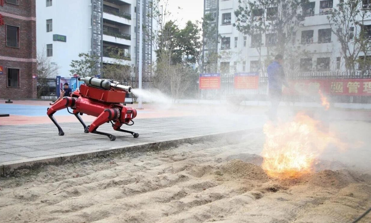 A quadruped AI-powered firefighting robot developed in Shenzhen enables firefighting from a safer distance without requiring close contact with the flames. Photo: Courtesy of Firedog Co. Ltd